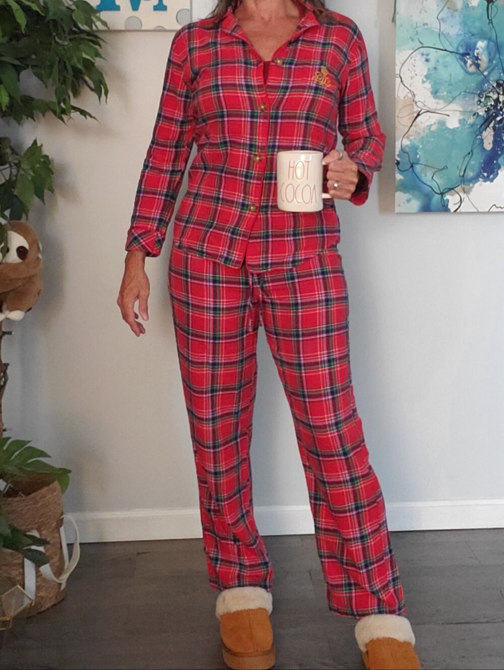 LAUREN RALPH LAUREN Monogram Crest Leopard Collar Plaid Flannel Pajamas S